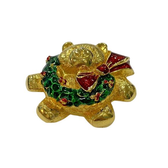 Charming Christmas Brooch Gold Teddy Bear with Green Wreath Festive Pin Gift - Picture 2 of 4